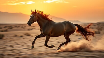 Majestic horse running through golden desert dust under a warm sunset, capturing dynamic motion.