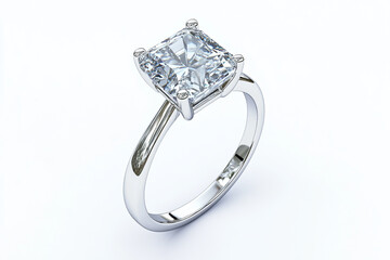 Elegant engagement ring showcases a brilliant princess cut diamond on a pristine white background highlighting its delicate platinum band.