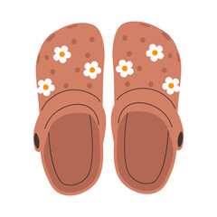 Crocs with embellishments. Pink rubber slates. Colored vector illustration of women's open shoes isolated on white background. Modern design. Casual shoe wardrobe. Summer closed-toe footgear.