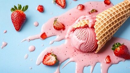 Melted Strawberry Ice Cream Cone with Fresh Strawberries on a Light Blue Background