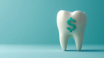 Tooth with dollar sign on teal background symbolizing dental costs.