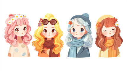 Four cartoon girls representing different seasons with unique hairstyles and accessories art style