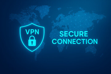 VPN secure connection graphic with glowing shield and lock icon over world map, representing global cybersecurity, encrypted internet access, and digital privacy protection, VPN secure connection, 
