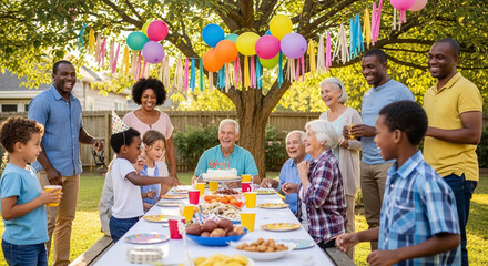 Happy family celebrating birthday party outdoors with balloons and decorations