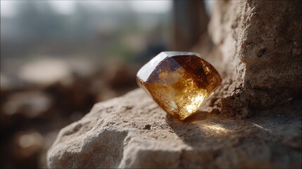 Fototapeta premium A single sparkling golden crystal rests on a textured rocky surface Gemstone