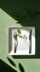 Minimalist Green Table Setting with Square Plate, Silverware, and Green Leaf Sprig