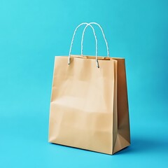 Minimalist of Brown Paper Shopping Bag With White Handles on Teal Background