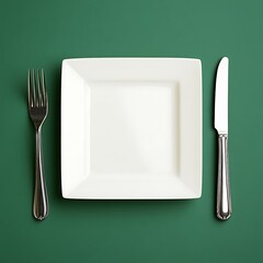 Minimalist Place Setting Square Plate, Silverware on a Green Background Tabletop View