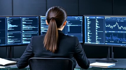 Woman at computer monitors analyzing data with charts  code visible Back view - Powered by Adobe