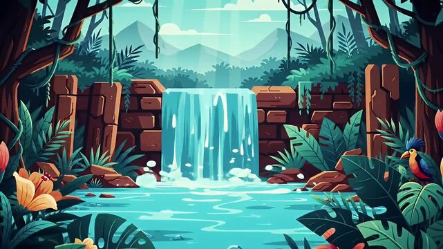 Animated Tropical Jungle Waterfall Scene Slow Zoom Out A serene 2D cartoon animation of a beautiful rainforest landscape with a cascading waterfall and vibrant exotic plants
