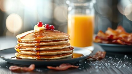 A stack of buttermilk pancakes with butter, maple syrup, bacon, and orange juice.