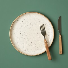 Minimalist Plate with Fork and Knife on Green Background, Wooden Handles and Speckled Surface
