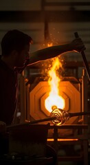 Master Glassblower Shapes Fiery Art in a Dimly Lit Studio, Showcasing Craftsmanship and Intense Heat of the Furnace