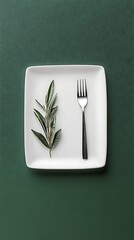 Minimalist Table Setting Fork and Green Sprig on Square White Plate, Dark Green Background