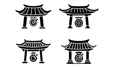 Black vector icons of asian temple with gong symbol in traditional roof design
