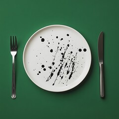 Minimalist Table Setting with White Plate, Black Paint Splatters, Knife, and Fork on Green Background