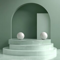 Mint Green Archway and Marble Podium Display with Two White Spheres for Presentation