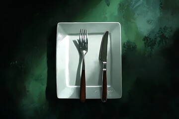 Modern Square Plate with Fork and Knife on Dark Green Abstract Background