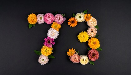 Number 73 made out of flowers with black background. Photo for 73rd birthday or anniversary party