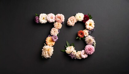 Number 73 made out of flowers with black background. Photo for 73rd birthday or anniversary party