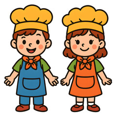 Cute Kids Clipart in Costume Themes
, Cheerful Cartoon Kids Wearing Chef Hats and Colorful Aprons, Smiling and Ready for Cooking Adventures in the Kitchen
