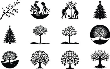 Botanical Tree Set for Woodland Natural Scenery and Landscape Artwork Vector of silhouette
