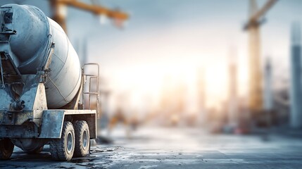 Heavy-duty concrete mixer placed on the right, blurred construction background, space on left 