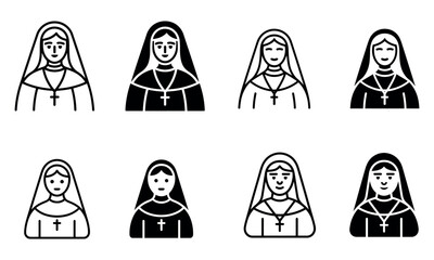 Nun character icons in religious dress with cross in flat black and white style
