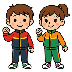 Cute Kids Clipart in Costume Themes
, Happy children wearing colorful sports tracksuits, smiling and giving a thumbs-up gesture, illustrating teamwork and friendship in an animated style