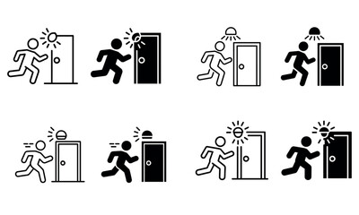 Emergency exit icons with running person and alarm light in black and white vector
