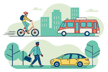 Illustration showing a cyclist, bus, pedestrian with briefcase and a car in an urban environment scene