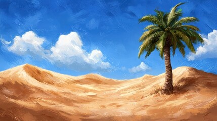 Desert Landscape with Single Palm Tree under Blue Sky
