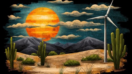 Desert Sunset with Wind Turbine and Cacti