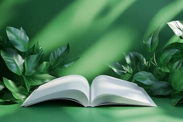 Open Blank Book Surrounded by Green Plants on a Green Surface with Soft Light