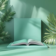 Open Book on a Turquoise Stage Surrounded by Tropical Palm Leaves in Sunlight and Shadows