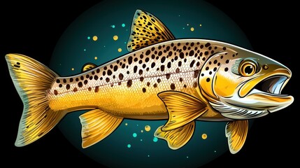 Detailed Brown Trout Fish Illustration Gold and Brown Hues Teal Background