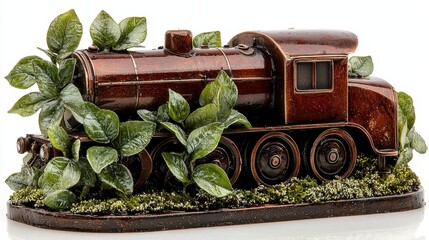 Detailed Brown Ceramic Steam Locomotive Model with Green Foliage