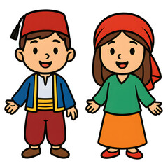 Cute Kids Clipart in Costume Themes
, Two Cartoon Characters in Traditional Attire, Smiling and Welcoming, Representing Cultural Heritage and Folklore from Diverse Regions