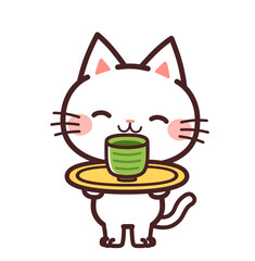 お茶を出す猫のかわいいキャラクター　イラスト素材