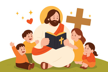 Jesus teaching children with Bible. Kids listening and smiling around Christ. Christian religious education and love concept. Faith-based vector illustration.