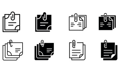 Vector icon set of paper documents with paper clip in outline and solid styles

