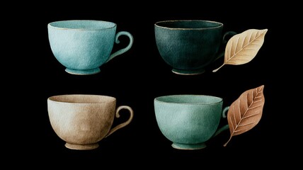 Intricately glazed ceramic cups with autumnal leaves, evoking cozy harvest festivals and the tranquility of Hygge rituals