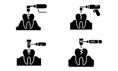 Dental drill icon set with tooth in treatment in black silhouette style
