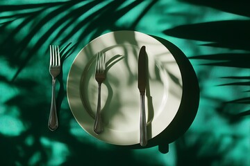 Overhead View of Dinner Plate with Silverware and Palm Leaf Shadows on Turquoise Fabric