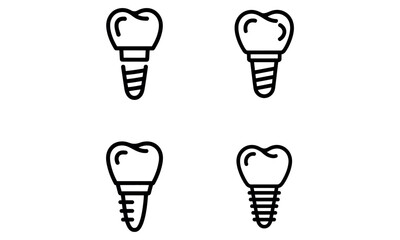 Dental implant vector icons in outline and black styles for tooth and oral care
