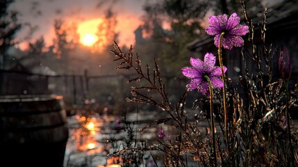 Dew Kissed Purple Flowers at Sunset in Rustic Setting