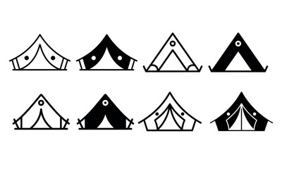 Vector icon collection of different camping tents in outline and solid styles
