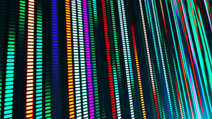 An illustration with many colored glowing lines and square segments going into the distance. The effect of movement from neon light. Suitable for themes related to technology, futurism and club