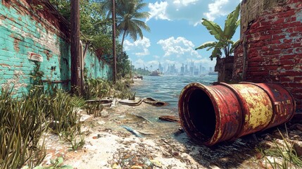 Dilapidated Tropical Coastline with Distant Cityscape