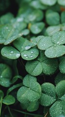 Obraz premium Dewy clovers glisten like emerald dreams, embodying Irish luck and Samhain whispers in nature's mystical tapestry